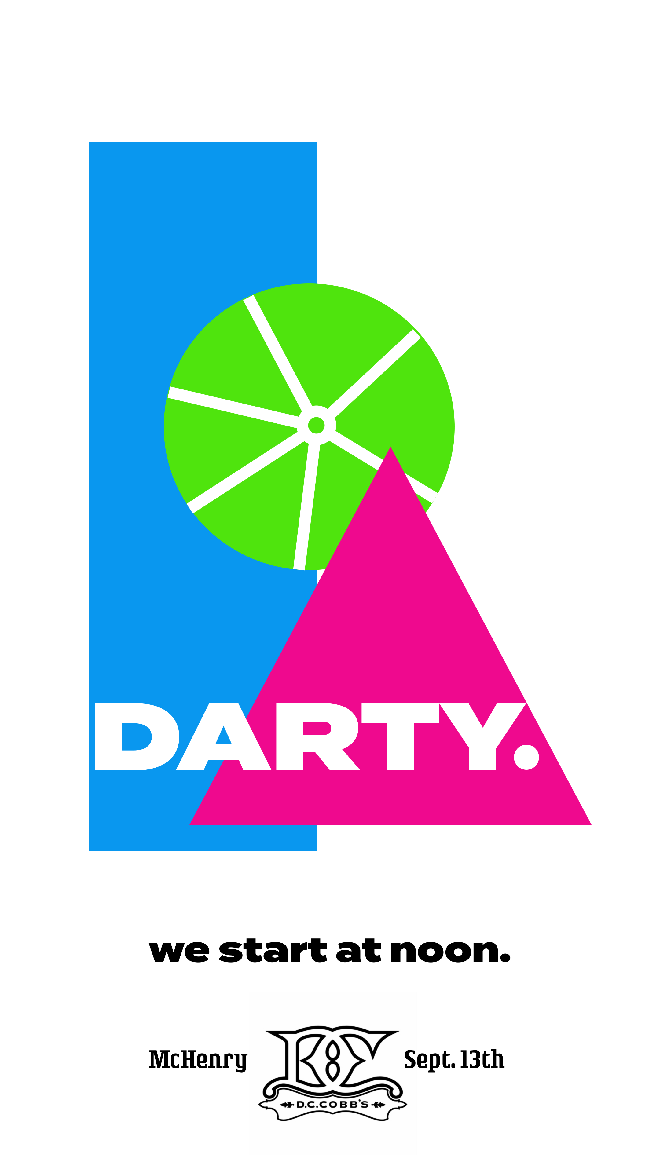 D.C. Cobbs Darty poster direction using blue, green, and pink geometric forms with a white Darty wordmark